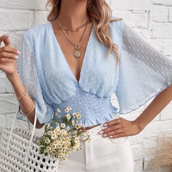 Boho Swiss dot v neck butterfly sleeve shirred top - Picture 2 of 9